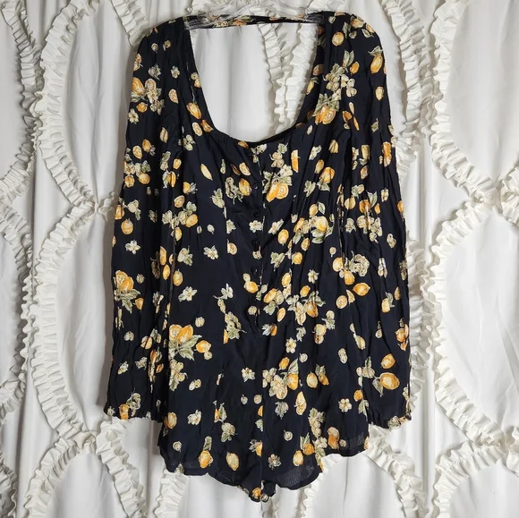 Beach Riot Black Lemon Rachel Romper Black Orange Floral Cut Out Back Sz Medium - Picture 3 of 7